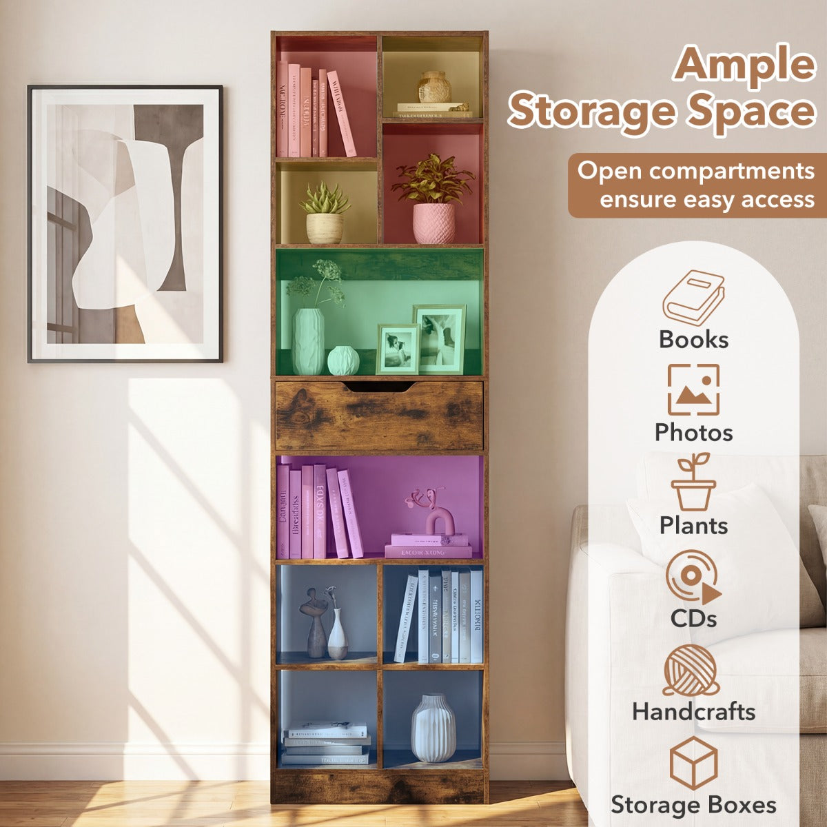 LIVSK Opbergrek - 10 Open Vakken - Ruime Lade - Antislipkussentjes - Kantelbeveiligingen - Rustiek Bruin