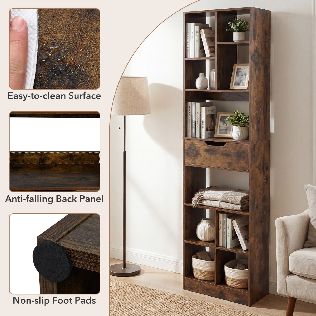 LIVSK Opbergrek - 10 Open Vakken - Ruime Lade - Antislipkussentjes - Kantelbeveiligingen - Rustiek Bruin