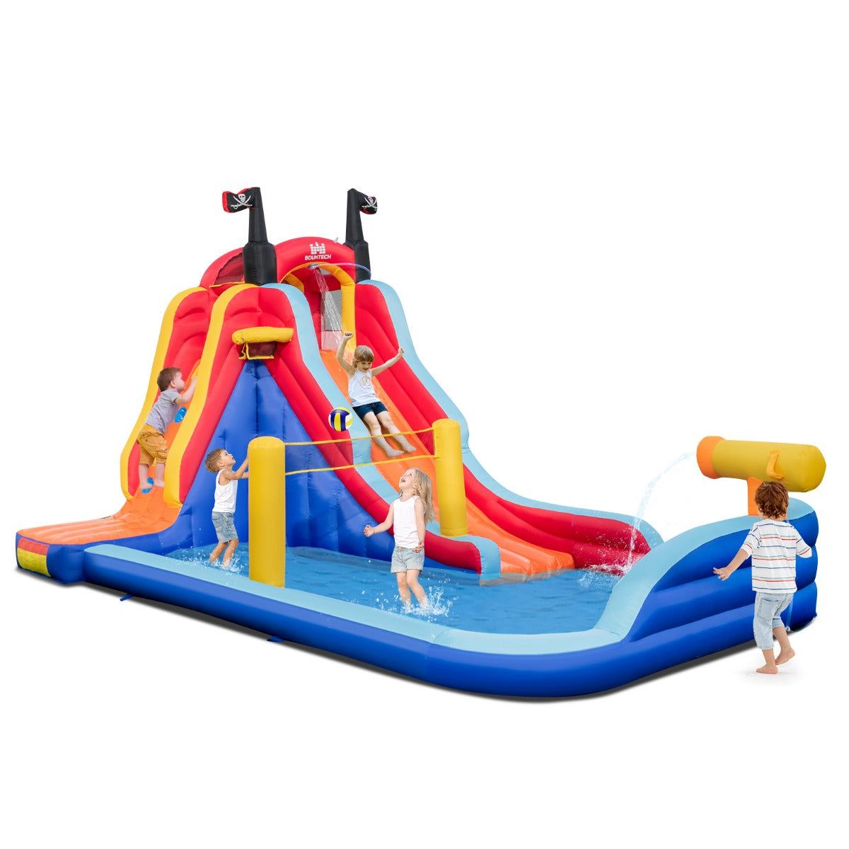LIVSK Opblaasbaar 5-in-1 Waterpark - Piratenthema - Glijbaan, Basketbal, Klimwand - Duurzaam Oxford & PVC - 484x271x263 cm