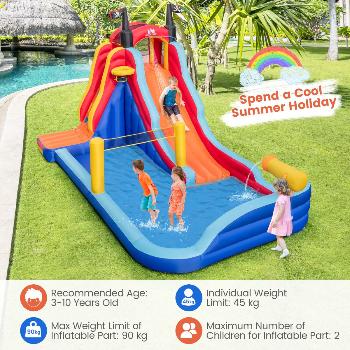 LIVSK Opblaasbaar 5-in-1 Waterpark - Piratenthema - Glijbaan, Basketbal, Klimwand - Duurzaam Oxford & PVC - 484x271x263 cm