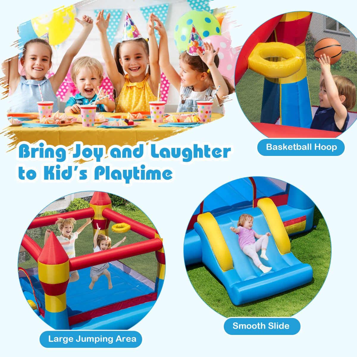 LIVSK Opblaasbaar Springkasteel 3-in-1 - Duurzaam Oxford-Materiaal - Inclusieve Accessoires - Veiligheid Netwanden - Meerkleurig