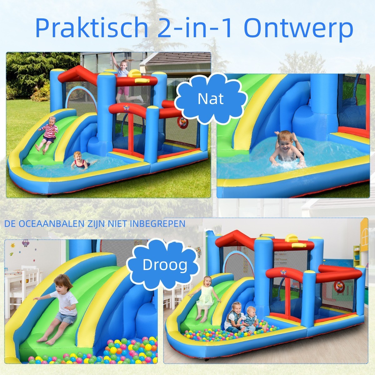 LIVSK Opblaasbaar Springkasteel met Glijbaan - Oxford Stof - Voor 3 Kinderen - Inclusief Basketbal en Accessoires - 410 x 310 x