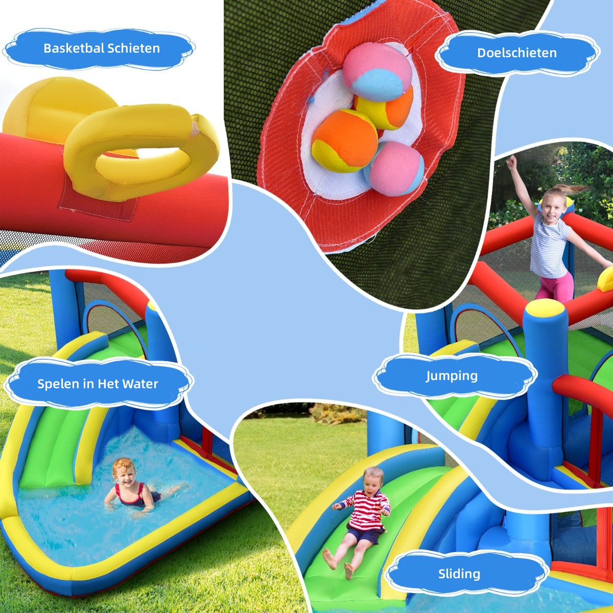 LIVSK Opblaasbaar Springkasteel met Glijbaan - Oxford Stof - Voor 3 Kinderen - Inclusief Basketbal en Accessoires - 410 x 310 x