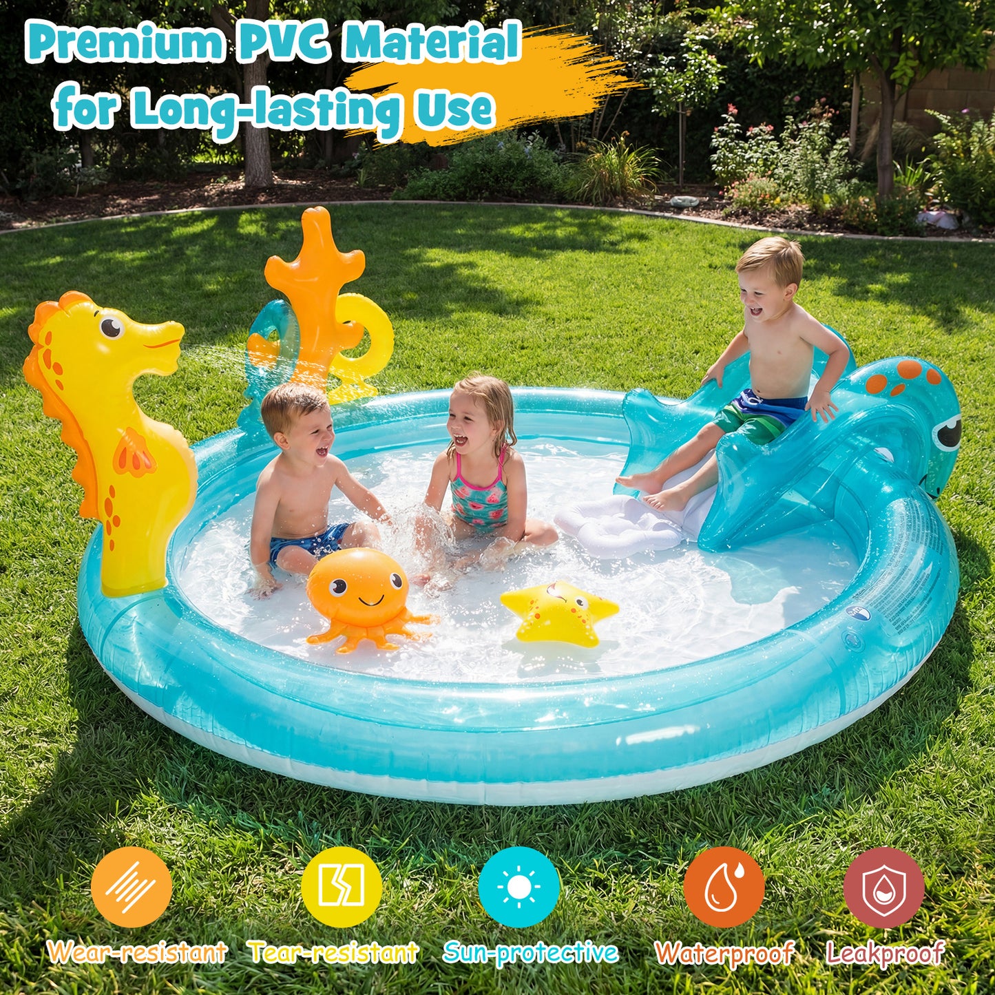LIVSK Opblaasbaar Water Speelcentrum - Voor 2-3 Kinderen - Inclusief Glijbaan & Sproeier - Duurzaam PVC - Multikleur