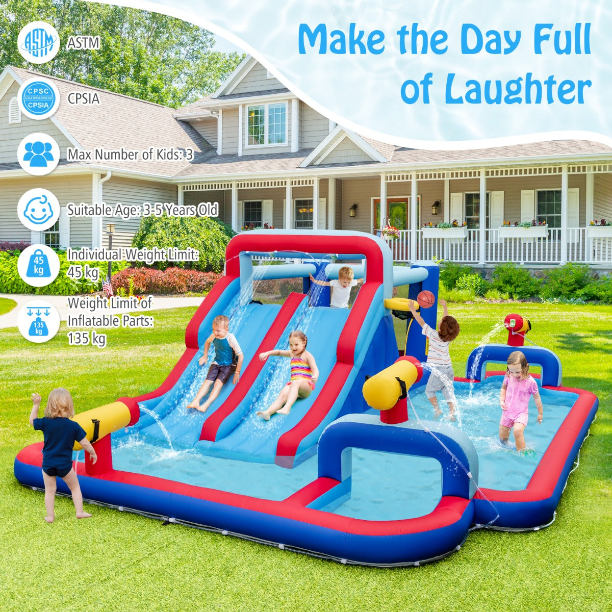 LIVSK Opblaasbaar Waterpark - Dubbele Glijbanen - Duurzaam Oxford - Eenvoudig Op Te Setten - Voor 3 Kinderen - 644 x 405 cm