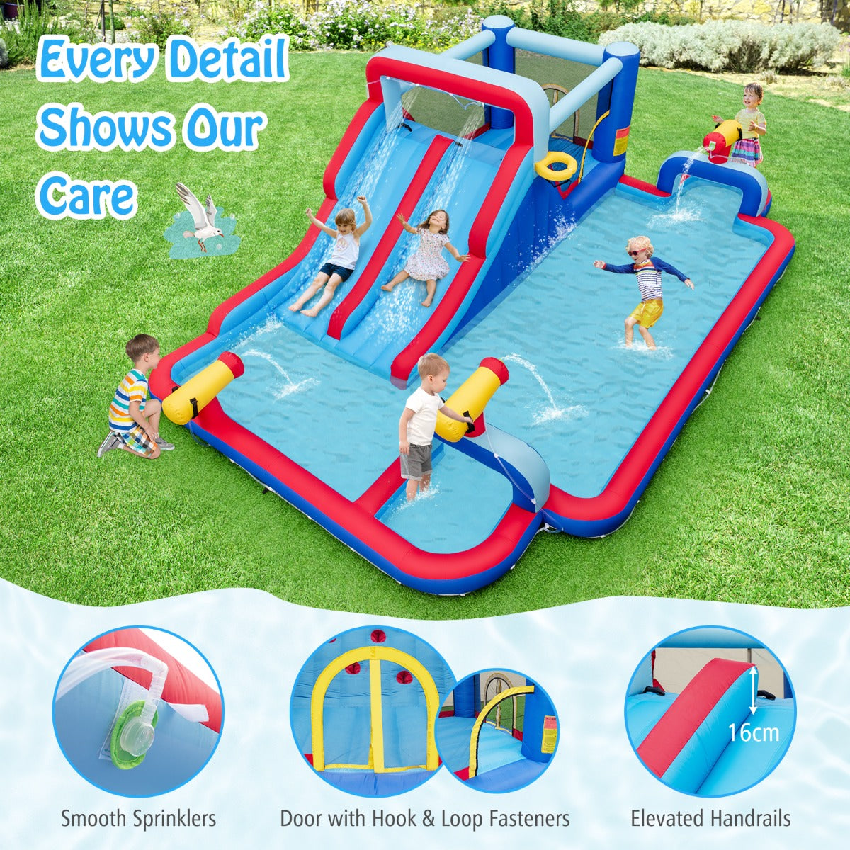 LIVSK Opblaasbaar Waterpark - Dubbele Glijbanen - Duurzaam Oxford - Eenvoudig Op Te Setten - Voor 3 Kinderen - 644 x 405 cm