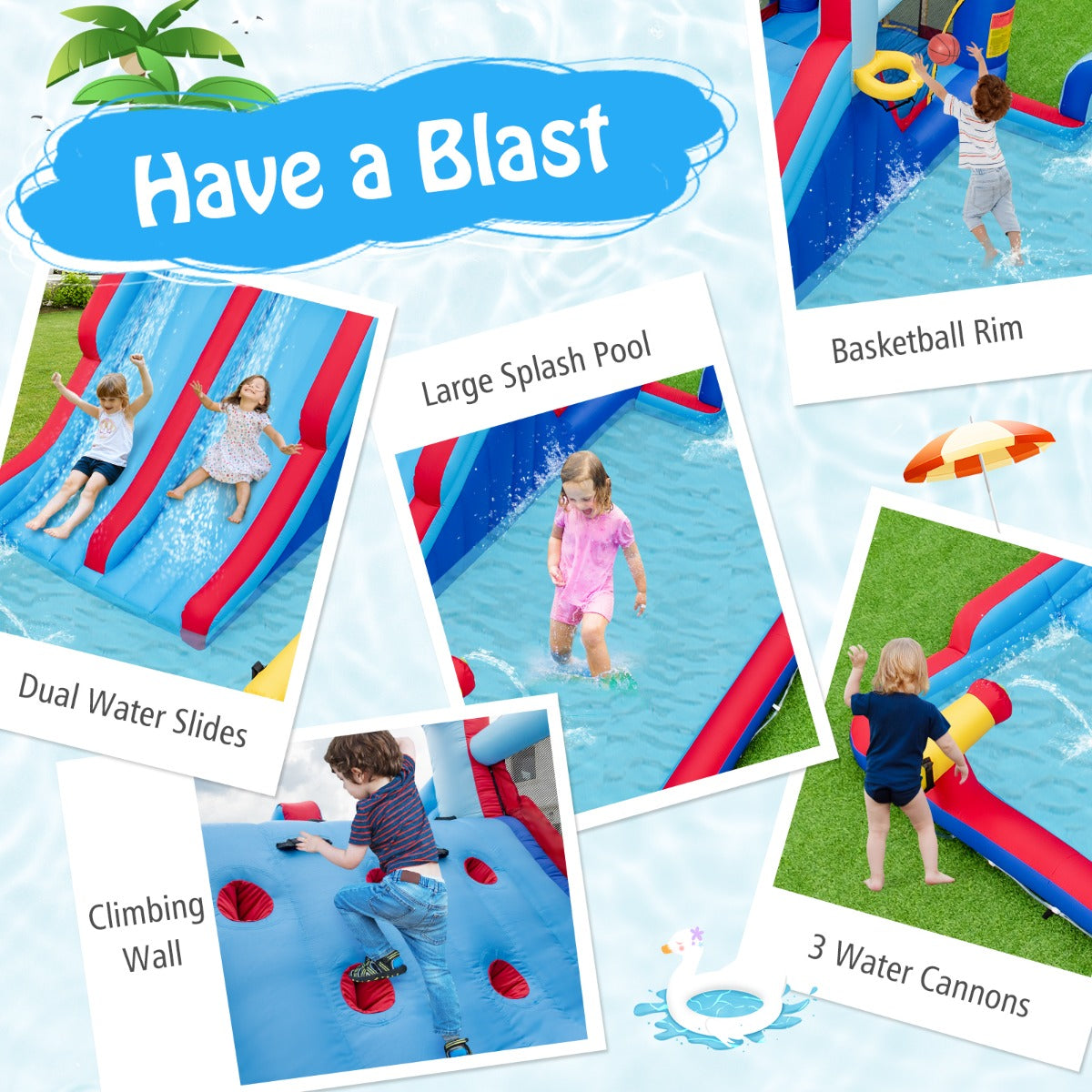 LIVSK Opblaasbaar Waterpark - Dubbele Glijbanen - Duurzaam Oxford - Eenvoudig Op Te Setten - Voor 3 Kinderen - 644 x 405 cm