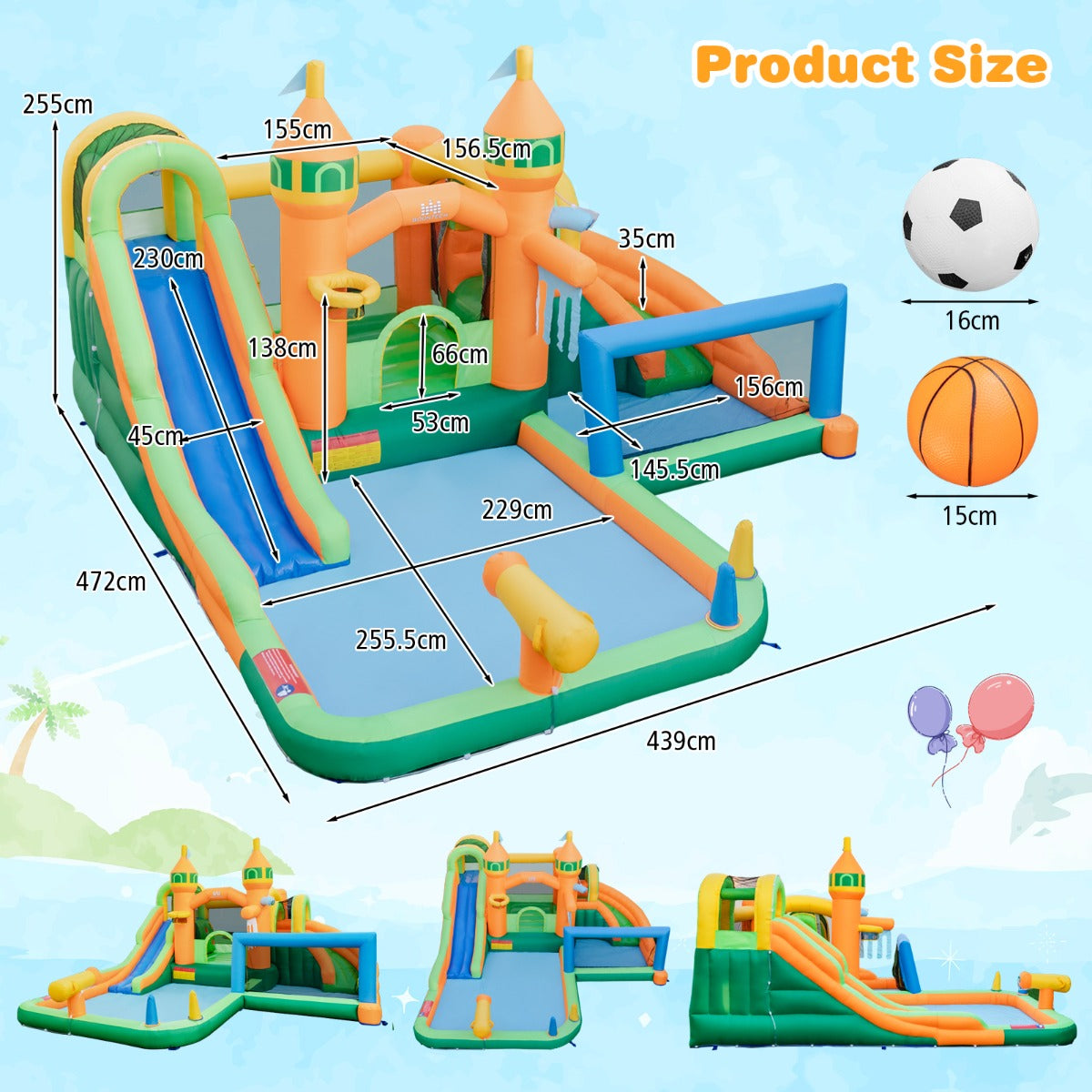 LIVSK Opblaasbaar Waterpark - Dubbele Glijbanen - Interactieve Basketbalring - Veilig Materiaal - Geschikt voor Kinderen -