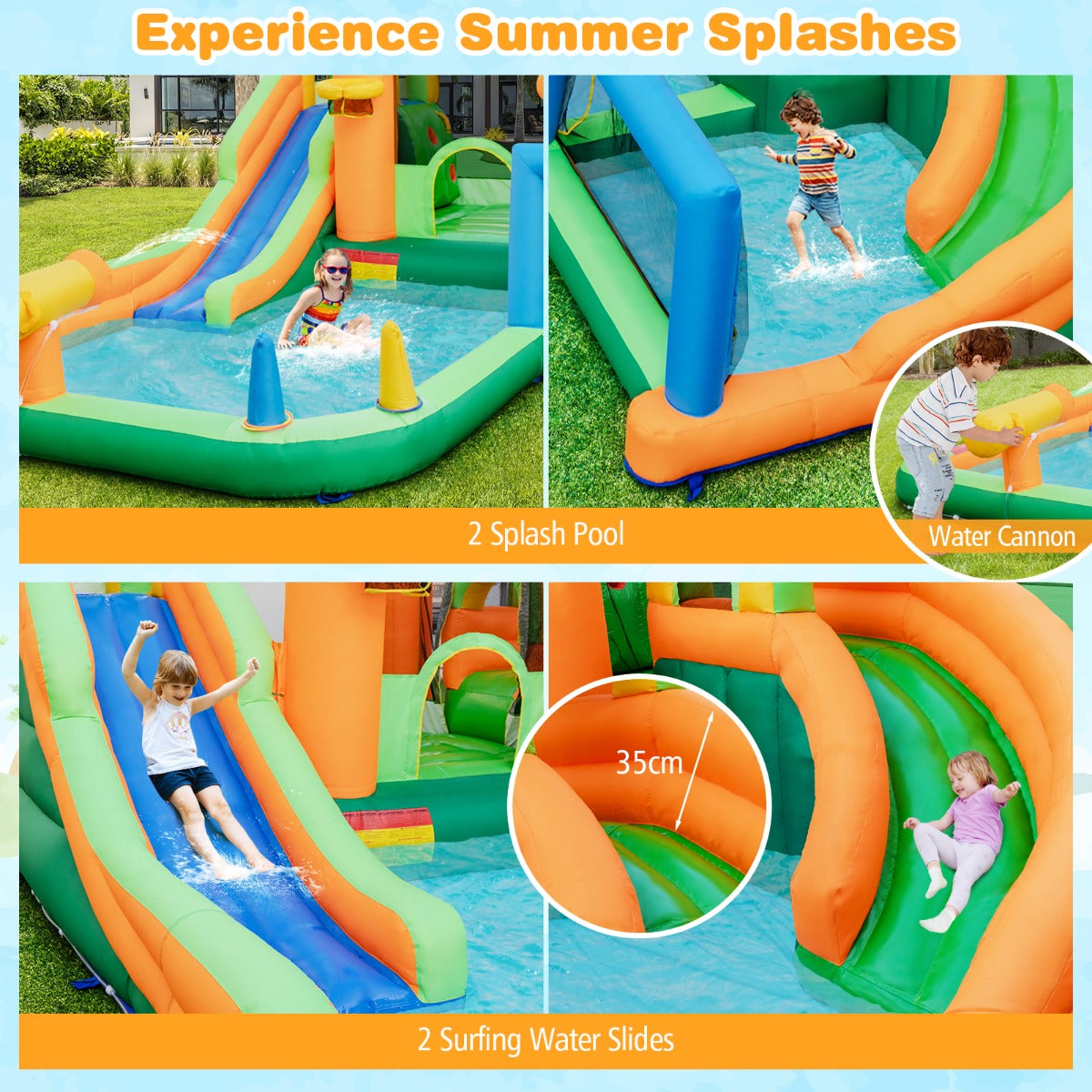 LIVSK Opblaasbaar Waterpark - Dubbele Glijbanen - Interactieve Basketbalring - Veilig Materiaal - Geschikt voor Kinderen -