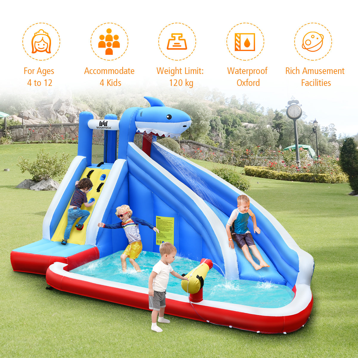 LIVSK Opblaasbaar Waterpark - Duurzaam Oxford-Materiaal - Glijbaan, Klimwand, Waterkanon - Voor 4 Kinderen - Veelkleurig