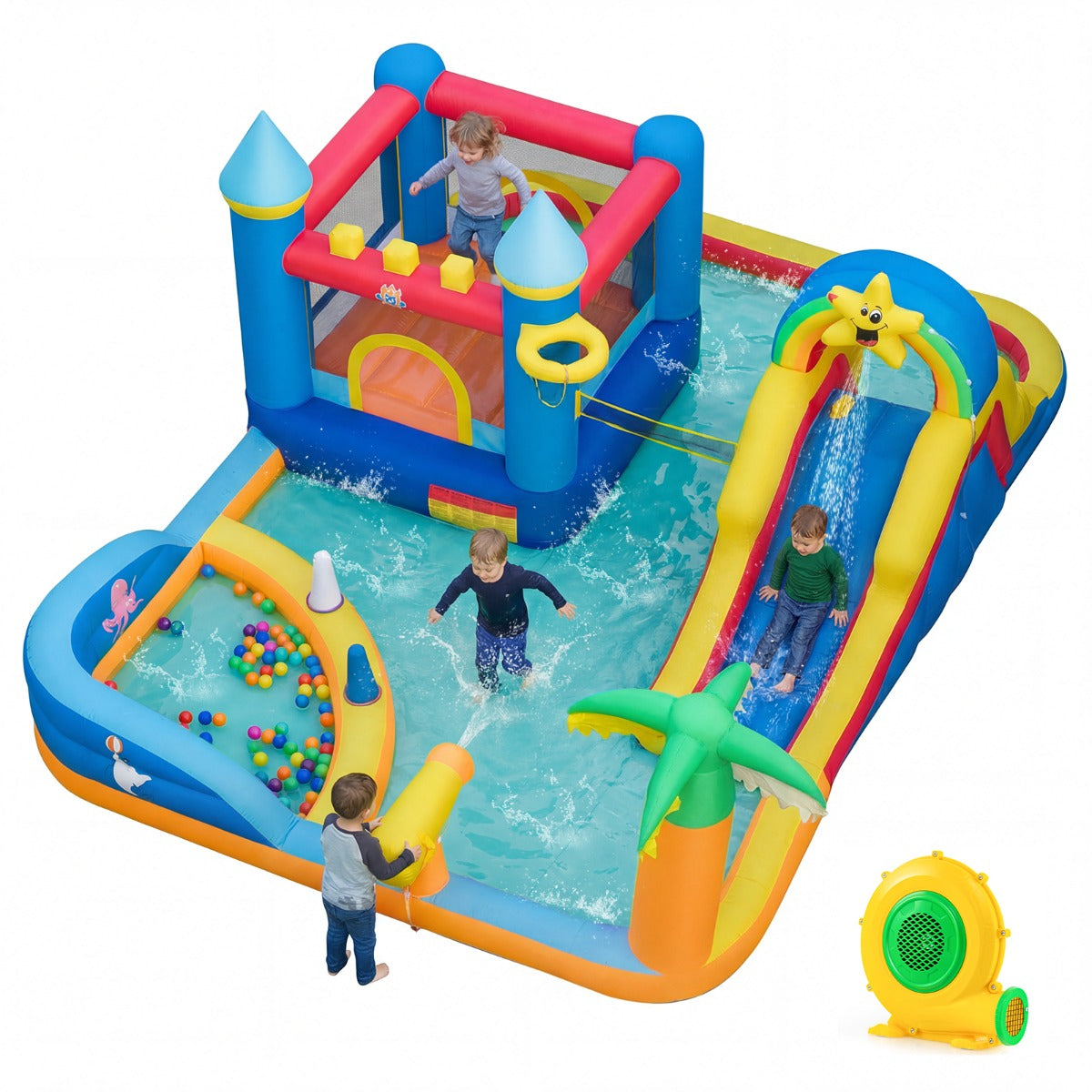 LIVSK Opblaasbaar Waterpark - Glijbaan, Peuterbad en Waterkanon - Duurzaam PVC - Voor Kinderen 3-12 Jaar - Meerkleurig