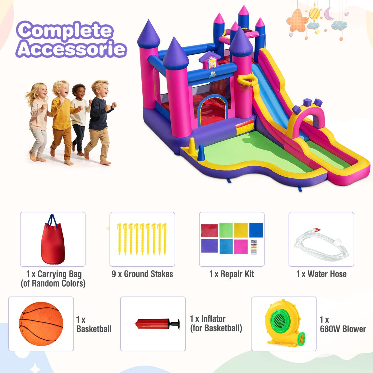 LIVSK Opblaasbaar Waterpark - Prinsessenthema - Meerdere Speelzones - Duurzaam Oxford-Weefsel - Inclusief Accessoires -