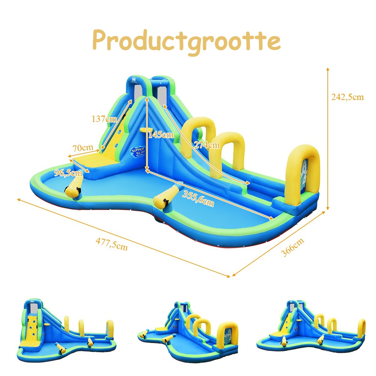 LIVSK Opblaasbaar Waterpark - Slijtvast Oxford-Materiaal - Waterglijbaan en Klimmuur - Veiligheidsontwerp - 478 x 365 x 242 cm