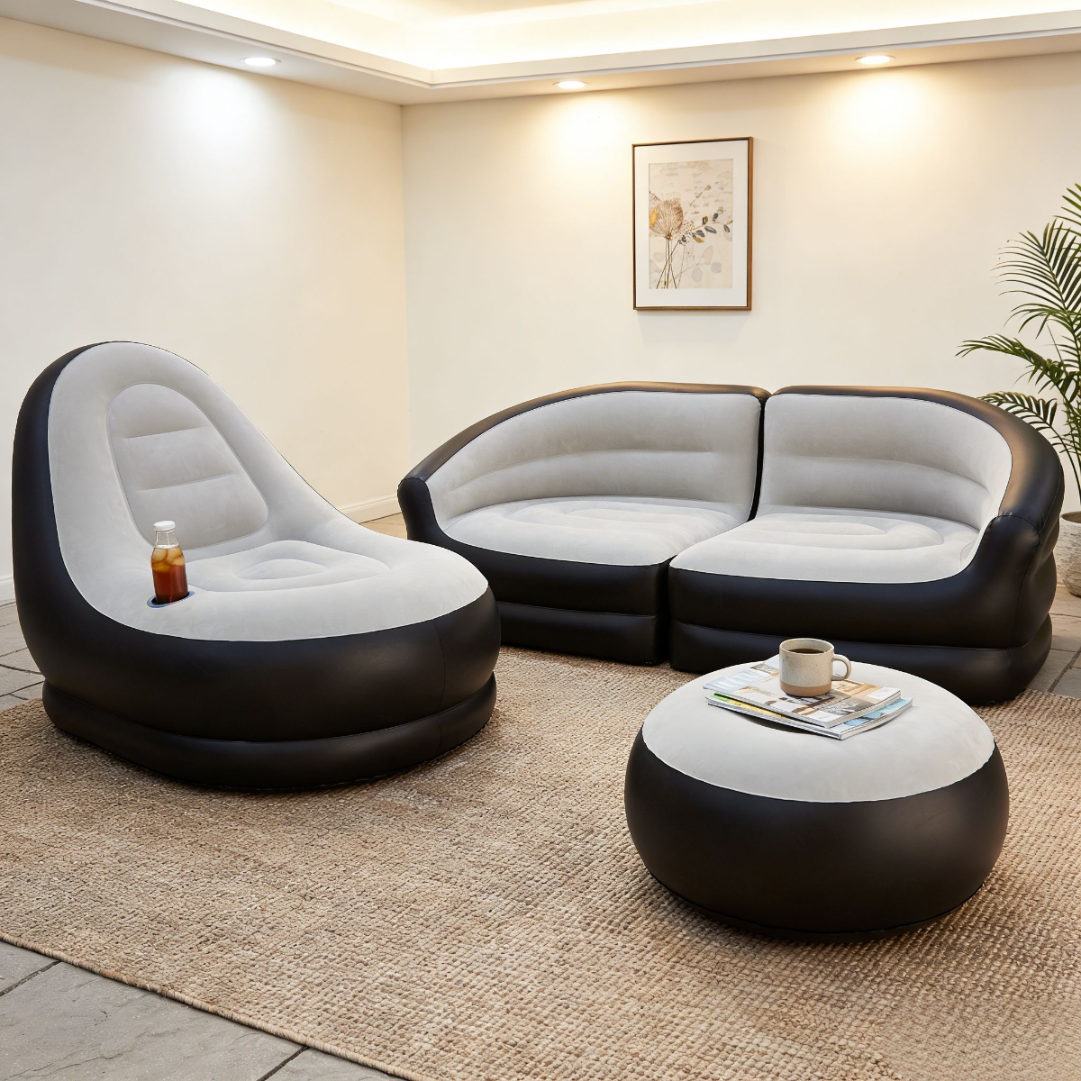 LIVSK Opblaasbare Bank - Zacht Velours - Draagbaar en Ergonomisch - Voor Binnen en Buiten - Grijs + Zwart