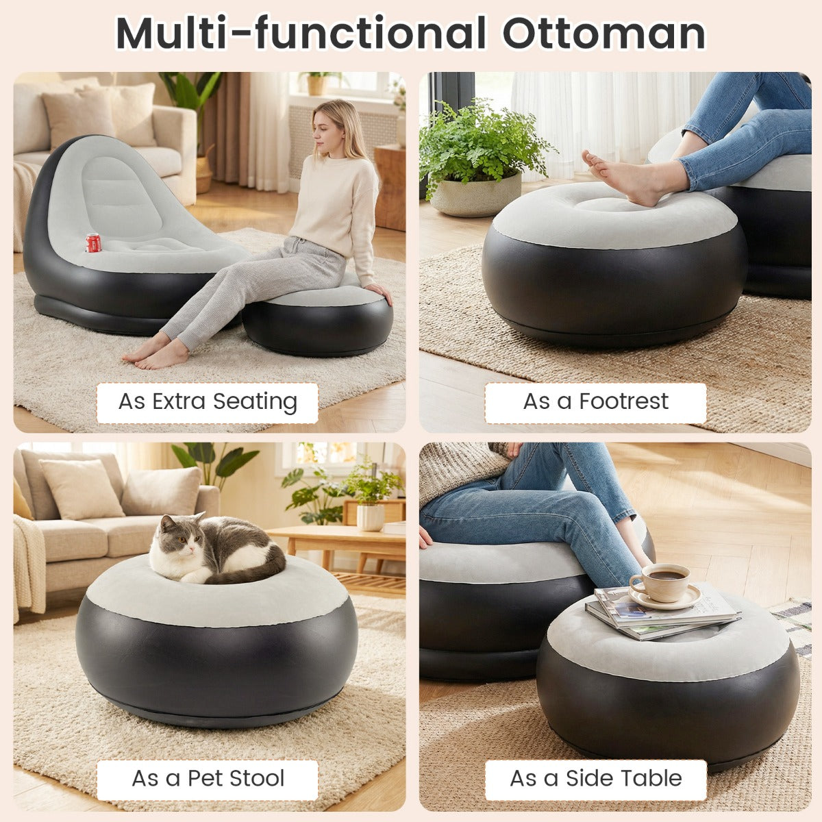LIVSK Opblaasbare Bank - Zacht Velours - Draagbaar en Ergonomisch - Voor Binnen en Buiten - Grijs + Zwart