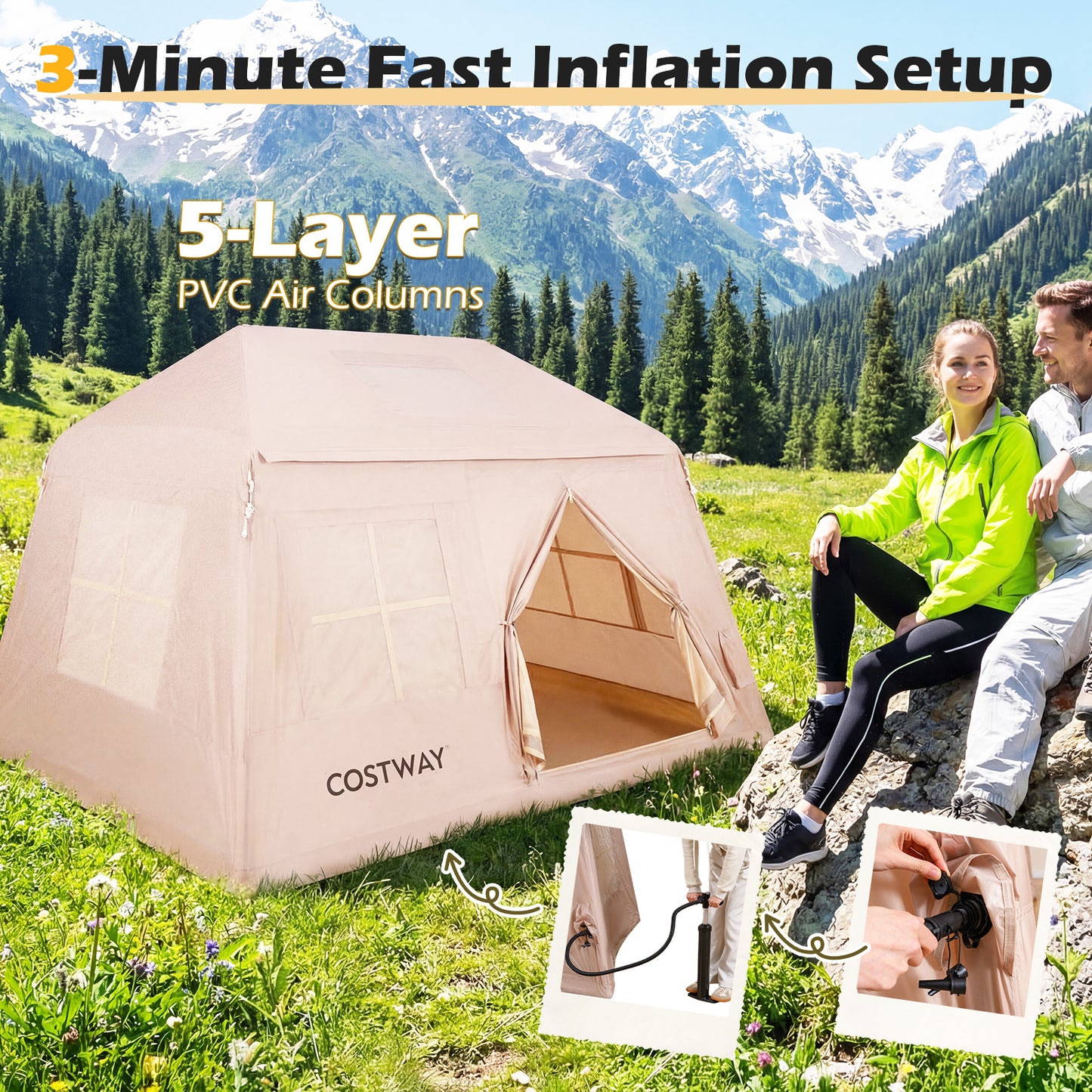 LIVSK Opblaasbare Campingtent - Geschikt voor 4-6 Personen - Snelle Opbouw - Waterafstotend - Ruime Binnenruimte - Khaki