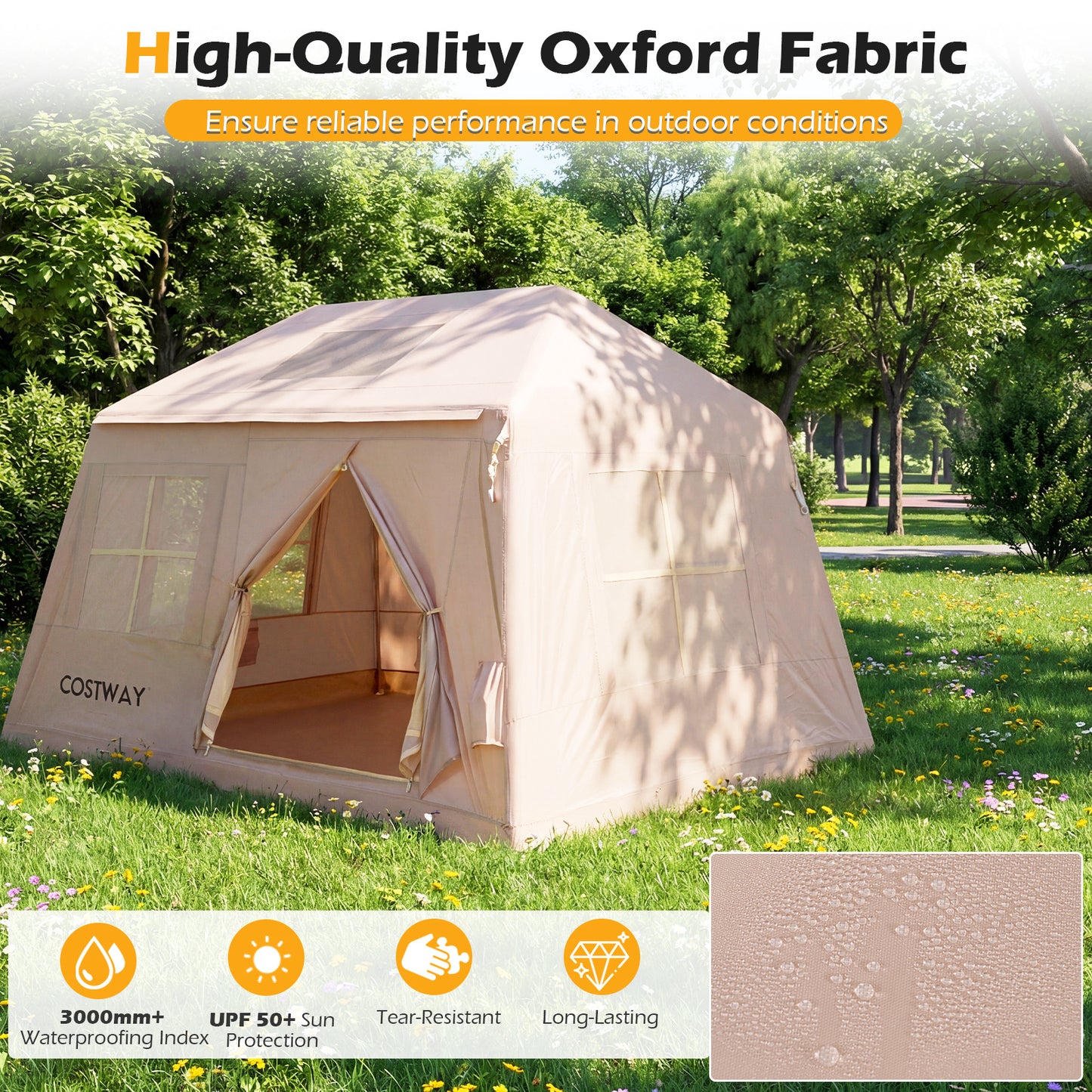 LIVSK Opblaasbare Campingtent - Ruimte voor 4-6 Personen - Snelle Opbouw - Waterdicht Oxford-Stof - Khaki