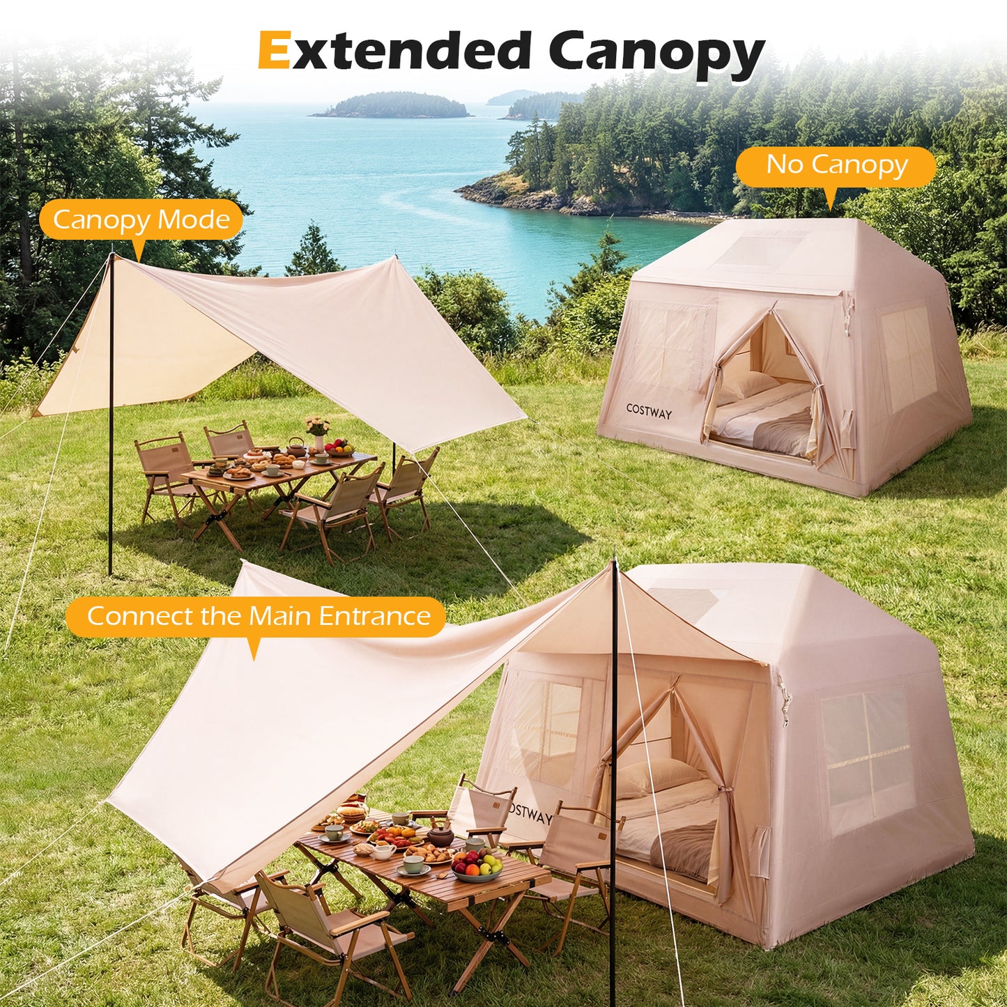 LIVSK Opblaasbare Campingtent - Ruimte voor 4-6 Personen - Snelle Opbouw - Waterdicht Oxford-Stof - Khaki