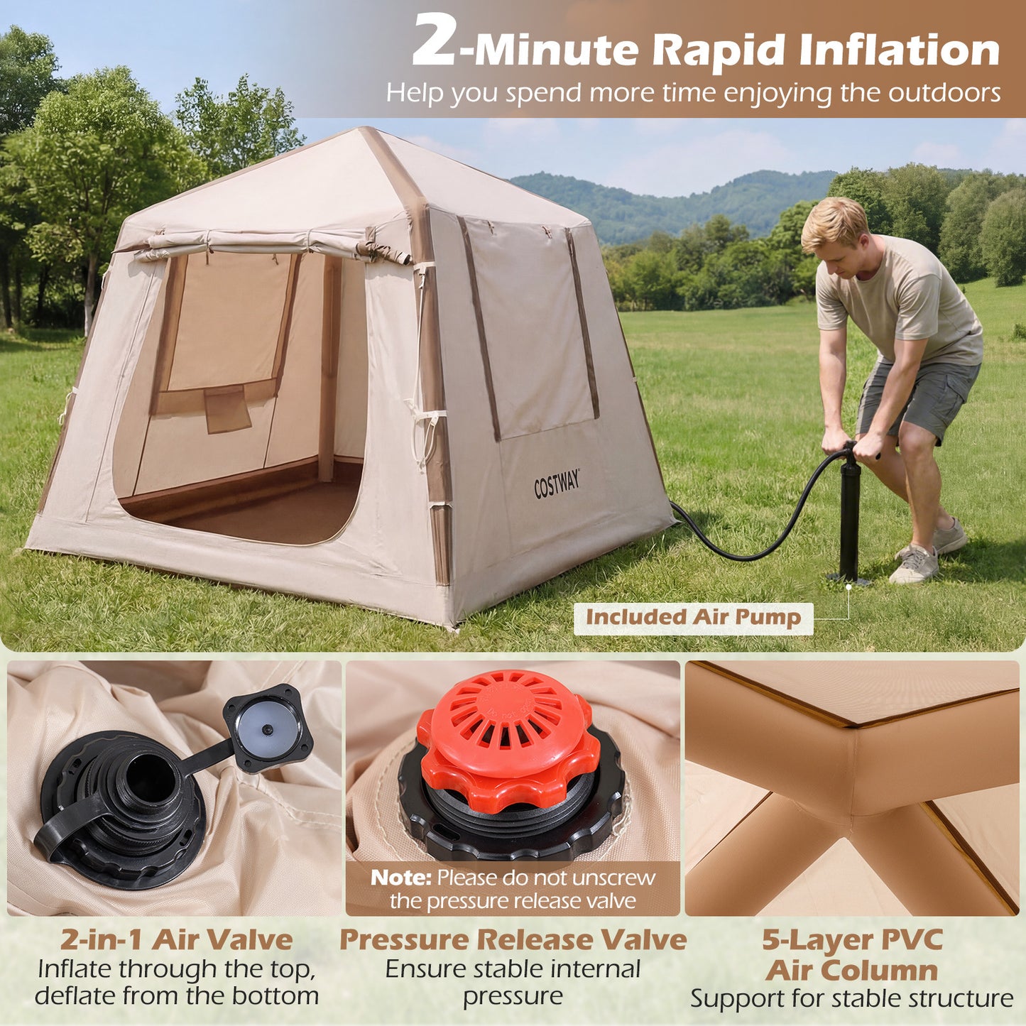 LIVSK Opblaasbare Campingtent - Voor 2-4 Personen - Snelle Inflatie - Muggennet Ramen - Oxford-Stof - Khaki