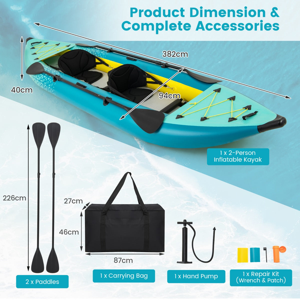 LIVSK Opblaasbare Kajak - 2-Persoons - Verstelbare EVA-gevoerde Stoelen - Inclusief Peddels en Reparatieset - Blauw/Geel