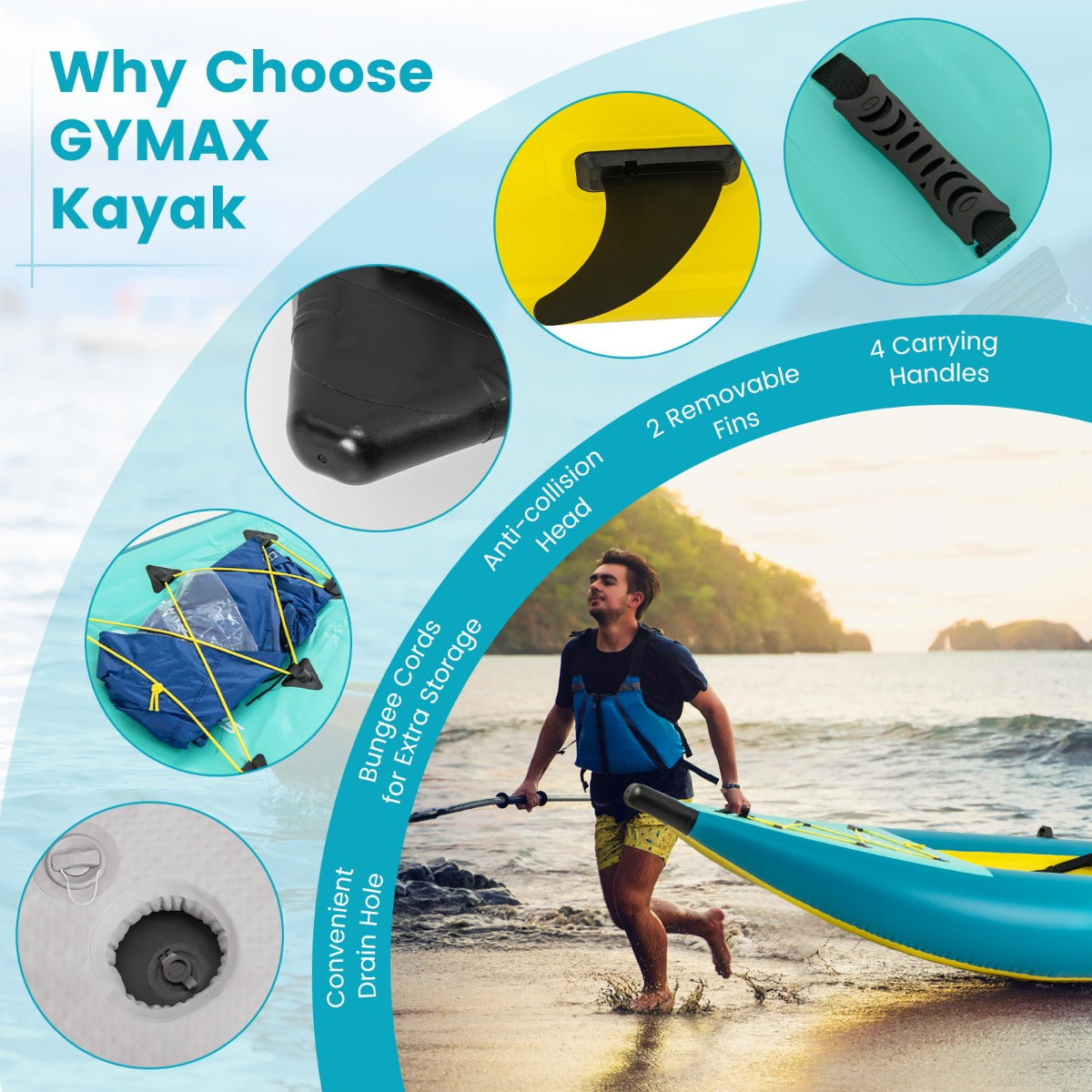 LIVSK Opblaasbare Kajak - 2-Persoons - Verstelbare EVA-gevoerde Stoelen - Inclusief Peddels en Reparatieset - Blauw/Geel