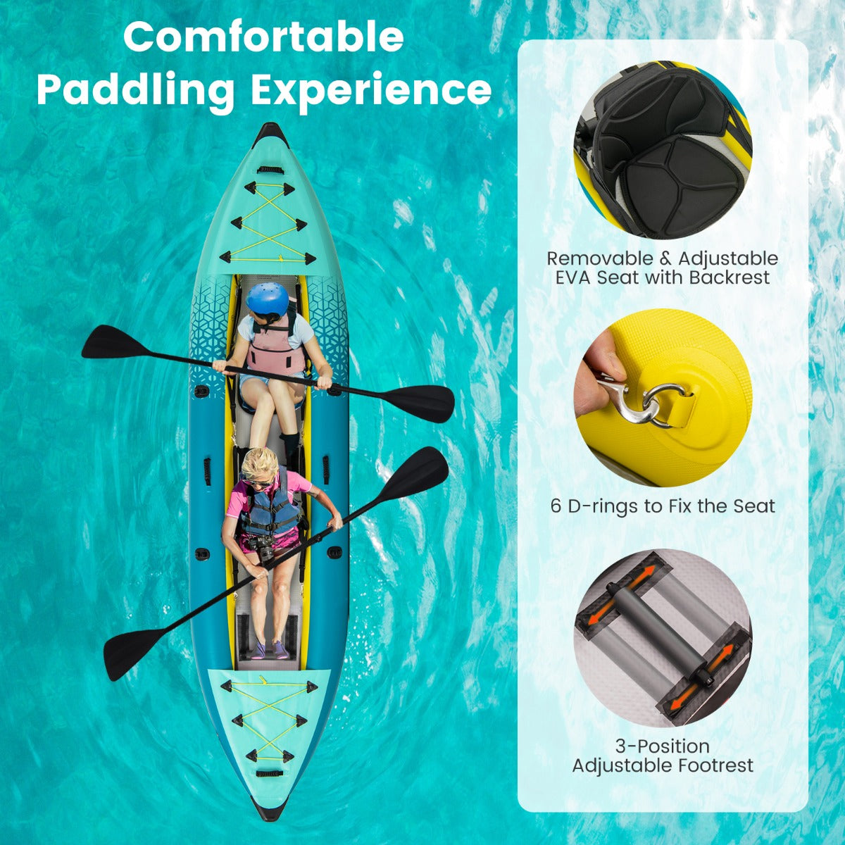 LIVSK Opblaasbare Kajak - 2-Persoons - Verstelbare EVA-gevoerde Stoelen - Inclusief Peddels en Reparatieset - Blauw/Geel