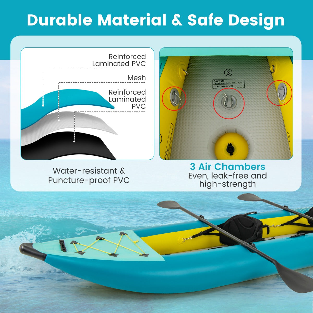 LIVSK Opblaasbare Kajak - 2-Persoons - Verstelbare EVA-gevoerde Stoelen - Inclusief Peddels en Reparatieset - Blauw/Geel