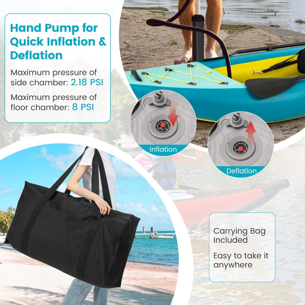 LIVSK Opblaasbare Kajak - 2-Persoons - Verstelbare EVA-gevoerde Stoelen - Inclusief Peddels en Reparatieset - Blauw/Geel