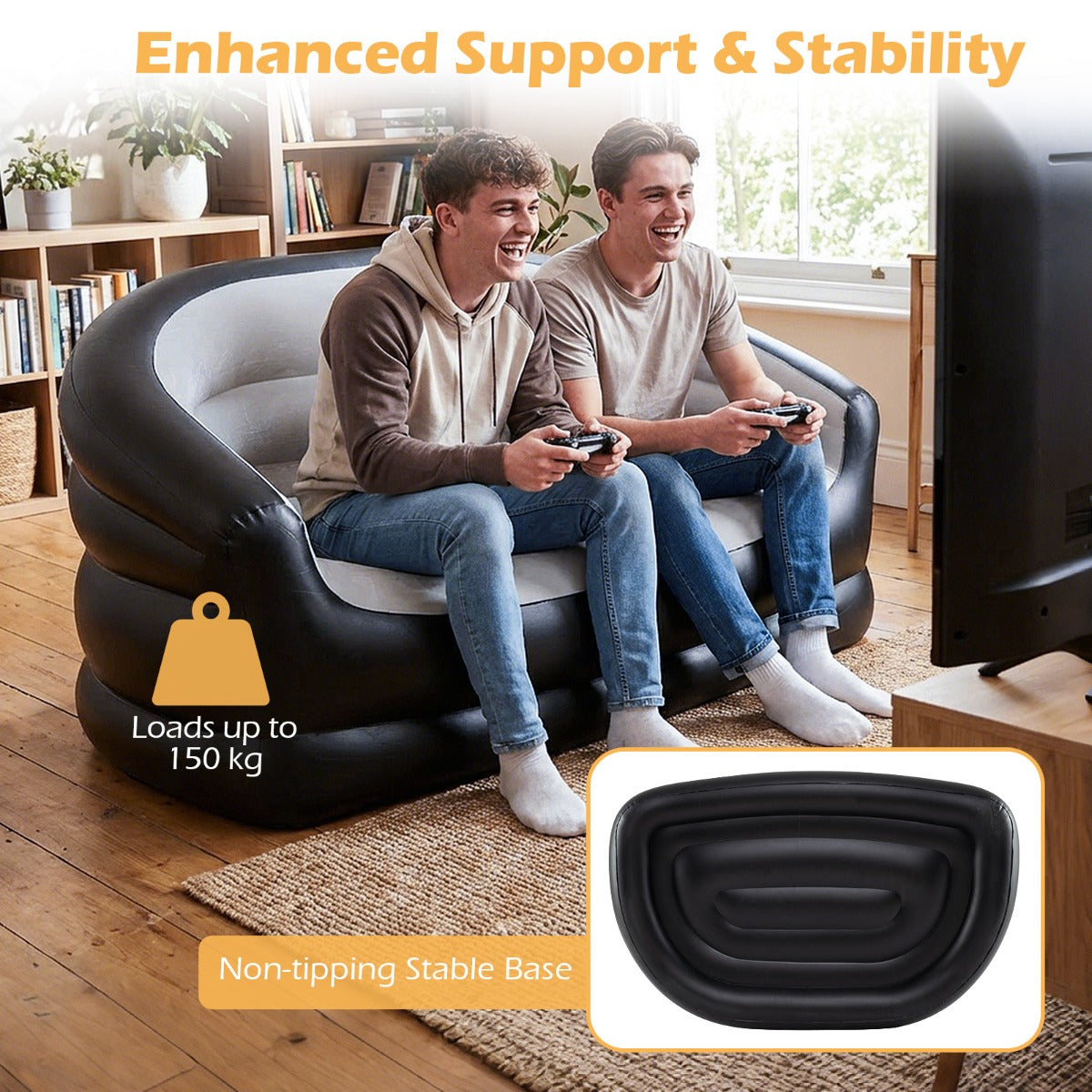 LIVSK Opblaasbare Loveseat - Ergonomisch Ontwerp - Snelle Opblaastijd - Huidvriendelijk PVC - Tot 150 kg - Grijs + Zwart