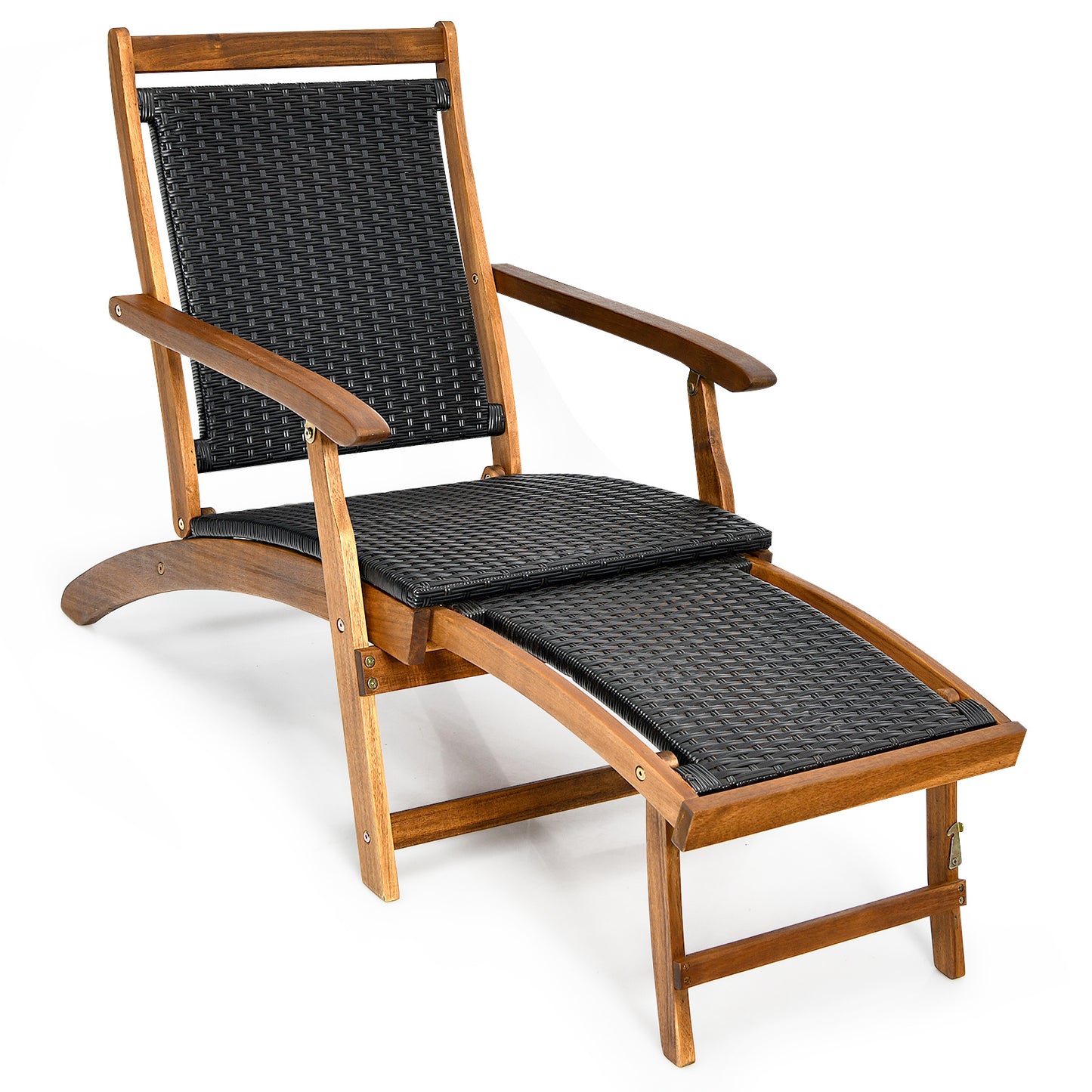 LIVSK Opklapbare Tuinligstoel - Ergonomische Rugleuning - Stevig Acaciahout - Ventilerend PE-Rattan - Draagvermogen 160 kg -