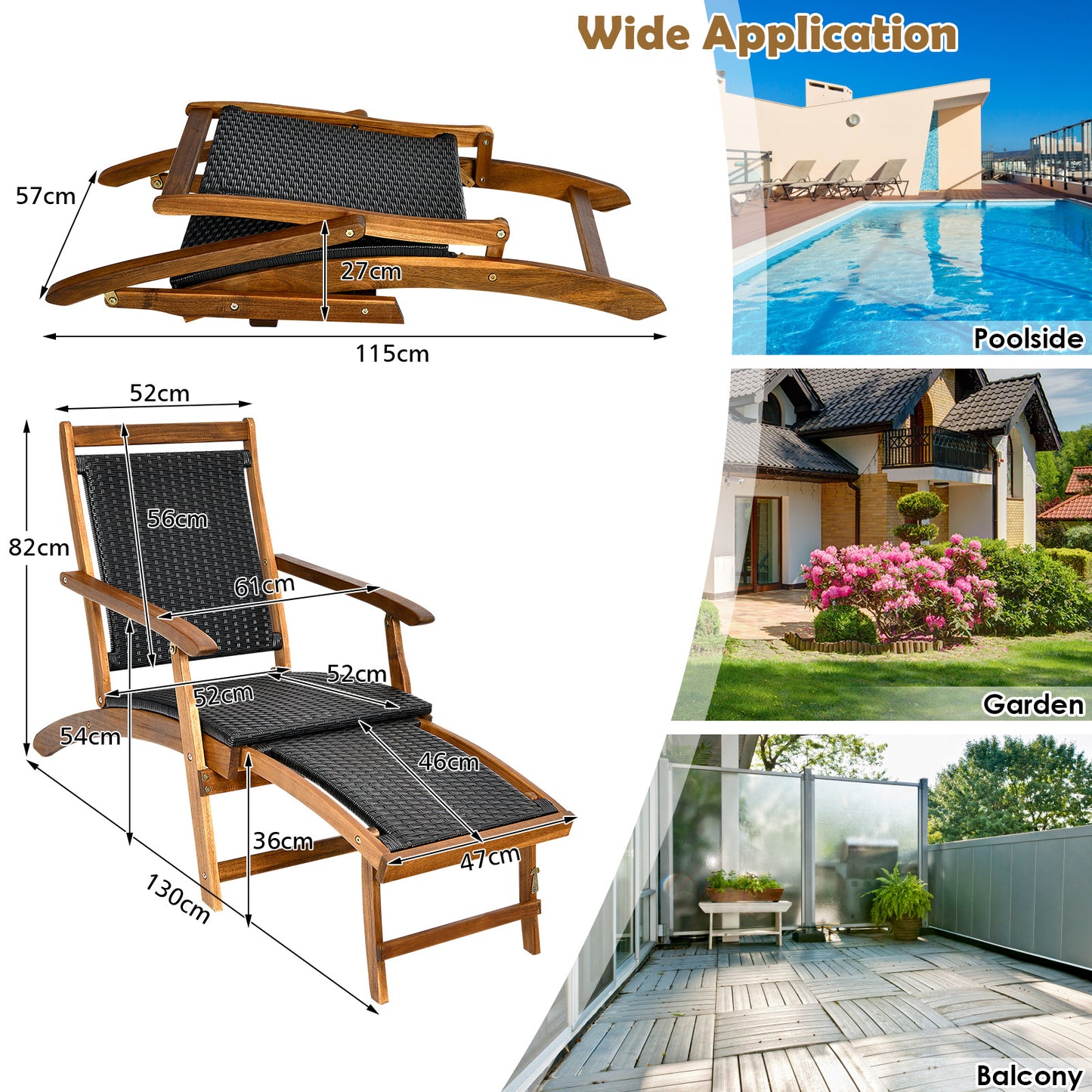 LIVSK Opklapbare Tuinligstoel - Ergonomische Rugleuning - Uitschuifbare Voetensteun - Acaciahout - Tot 160 kg - Gemengd Bruin