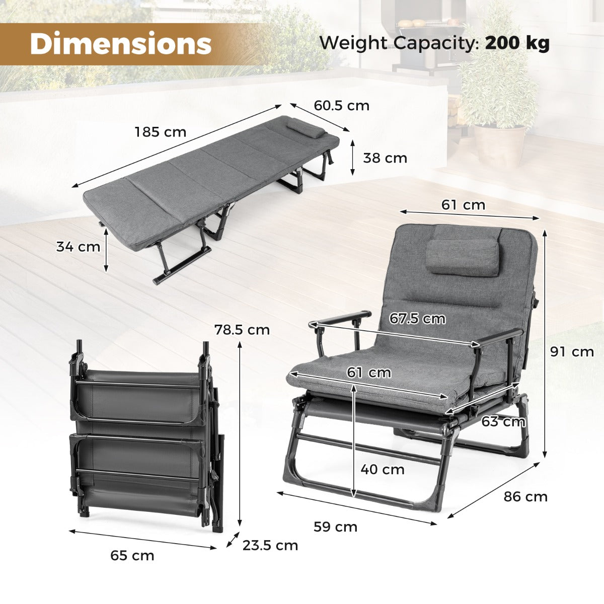 LIVSK Opvouwbaar Campingbed - 3-in-1 Functie - 6 Verstelbare Rugleuningstanden - Ademend Oxford-Stof - Grijs + Zwart