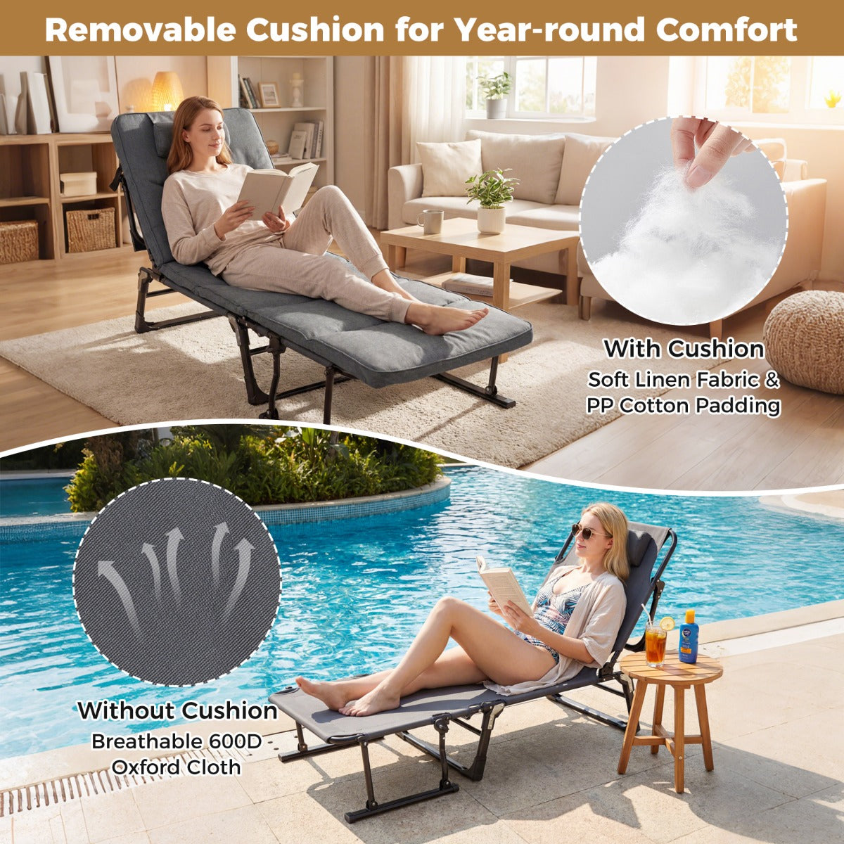 LIVSK Opvouwbaar Campingbed - 3-in-1 Functie - 6 Verstelbare Rugleuningstanden - Ademend Oxford-Stof - Grijs + Zwart