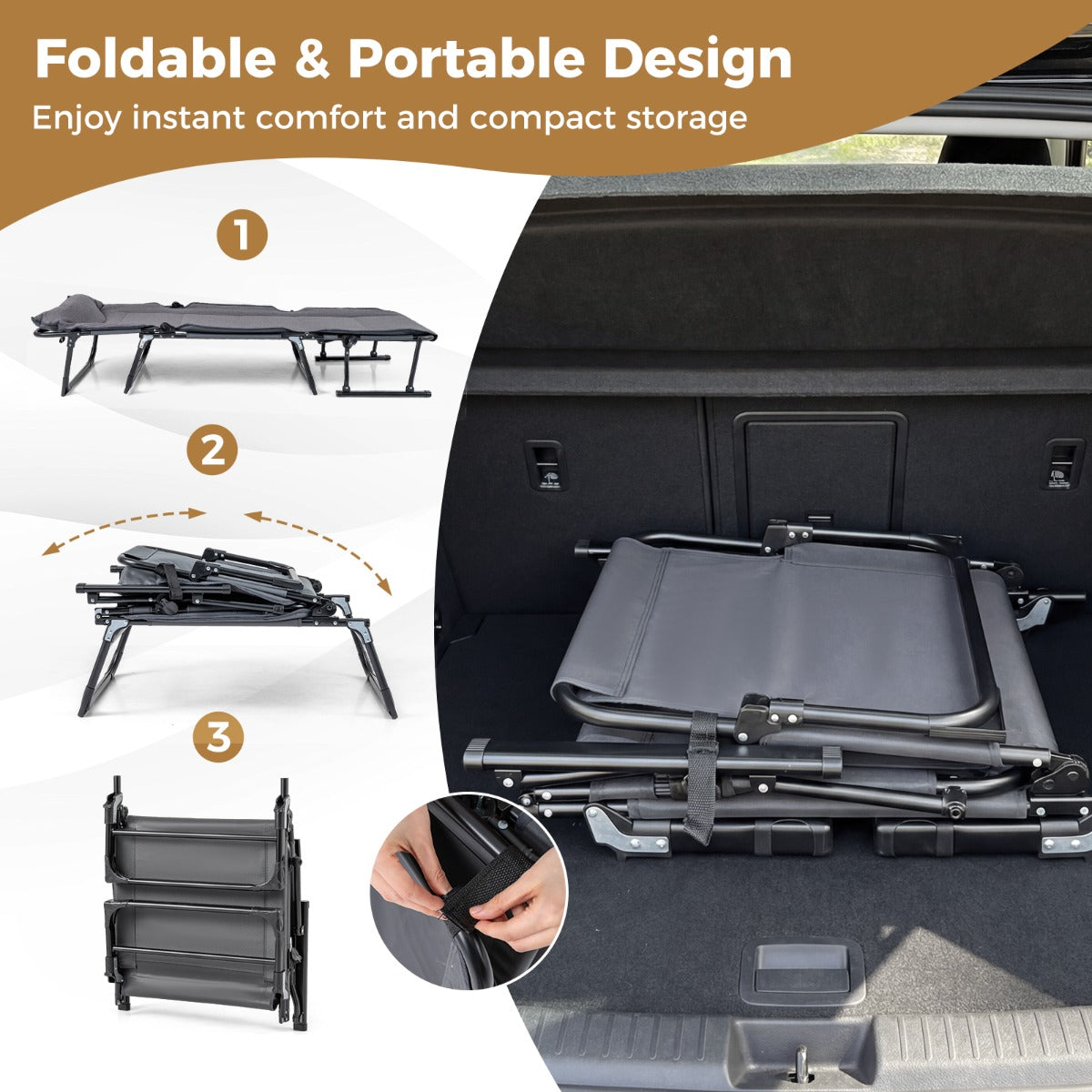 LIVSK Opvouwbaar Campingbed - 3-in-1 Functie - 6 Verstelbare Rugleuningstanden - Ademend Oxford-Stof - Grijs + Zwart
