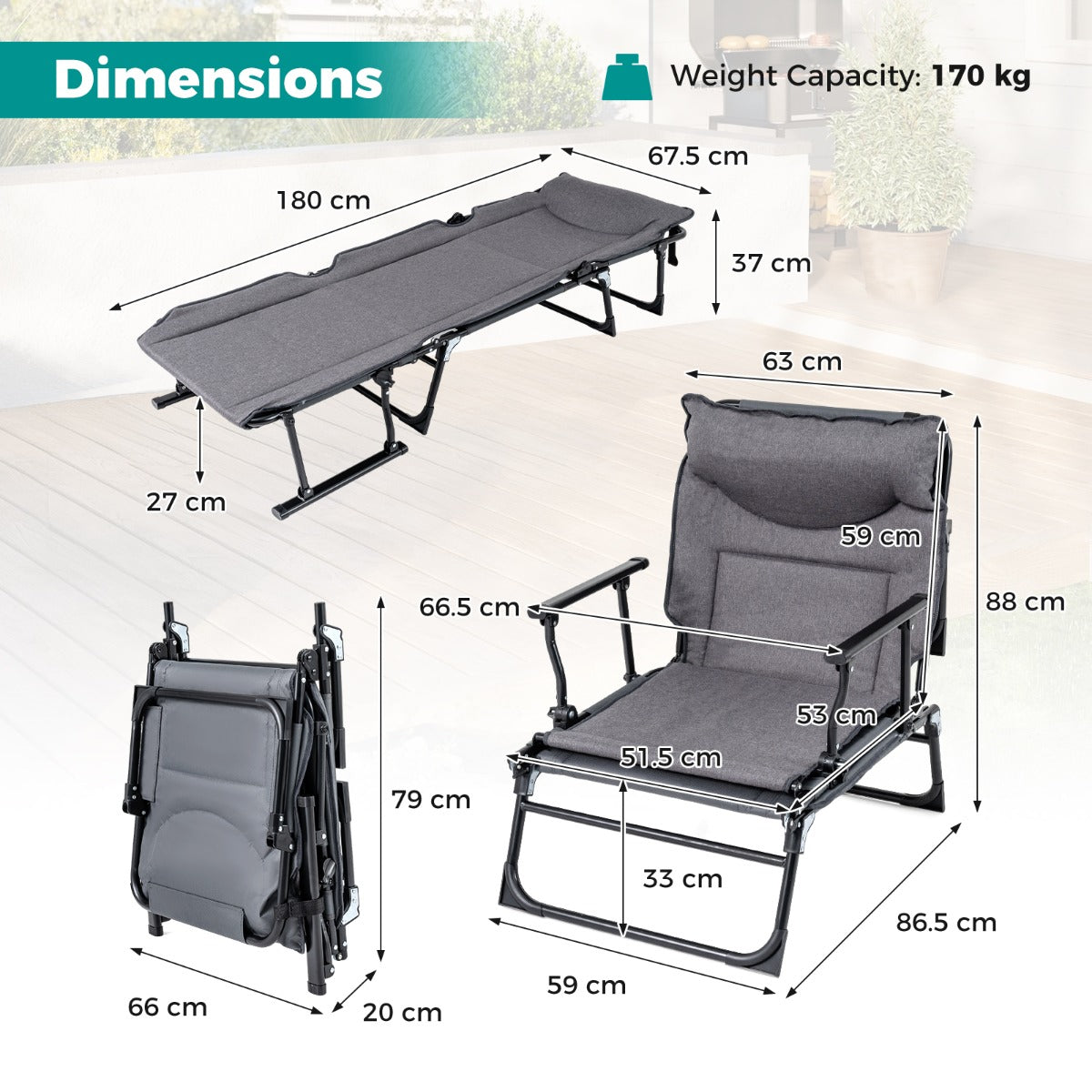 LIVSK Opvouwbaar Campingbed - 3-in-1 Functie - 6 Verstelbare Rugleuningstanden - Slijtvaste Oxfordstof - Grijs + Zwart