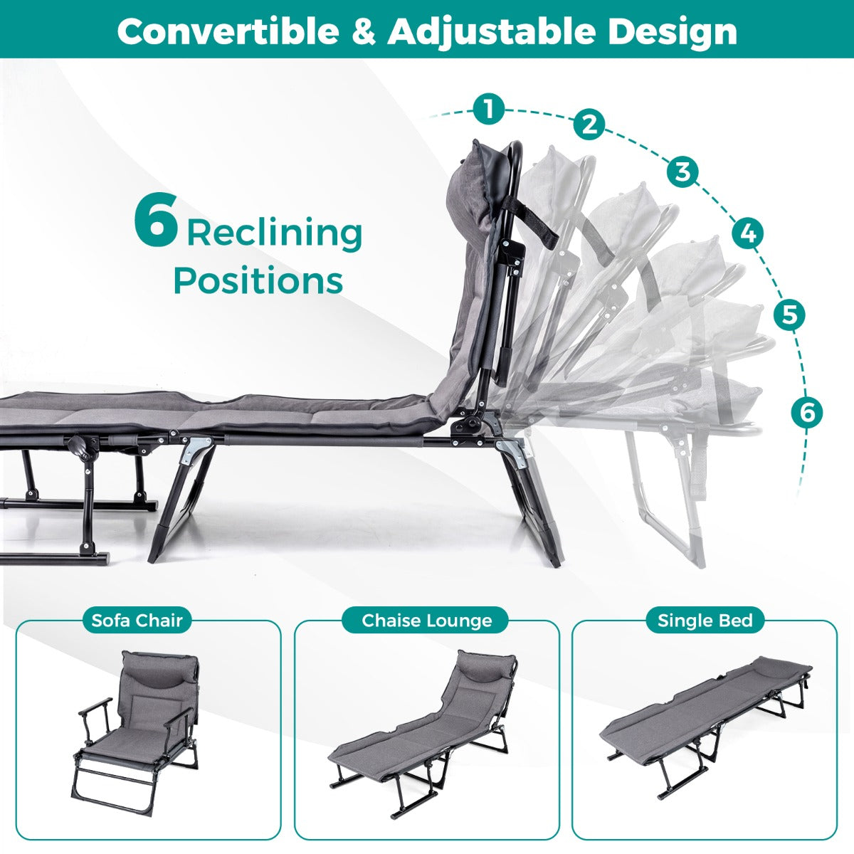 LIVSK Opvouwbaar Campingbed - 3-in-1 Functie - 6 Verstelbare Rugleuningstanden - Slijtvaste Oxfordstof - Grijs + Zwart