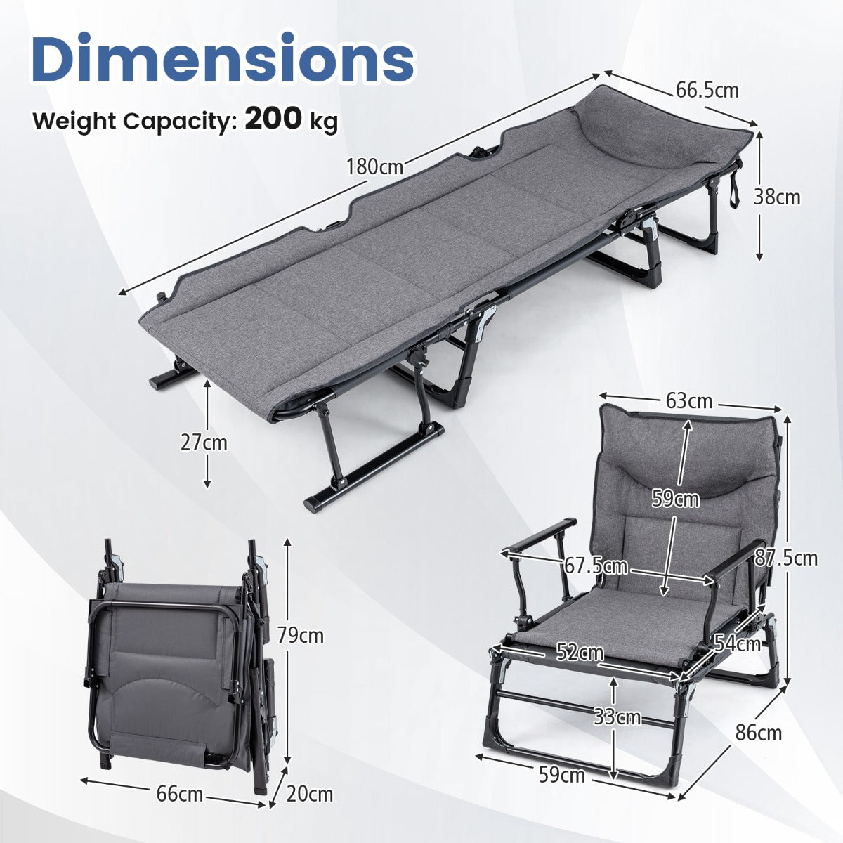 LIVSK Opvouwbaar Campingbed - 3-in-1 Functie - Verstelbare Rugleuning - Ademend Oxford-Stof - Grijs + Zwart