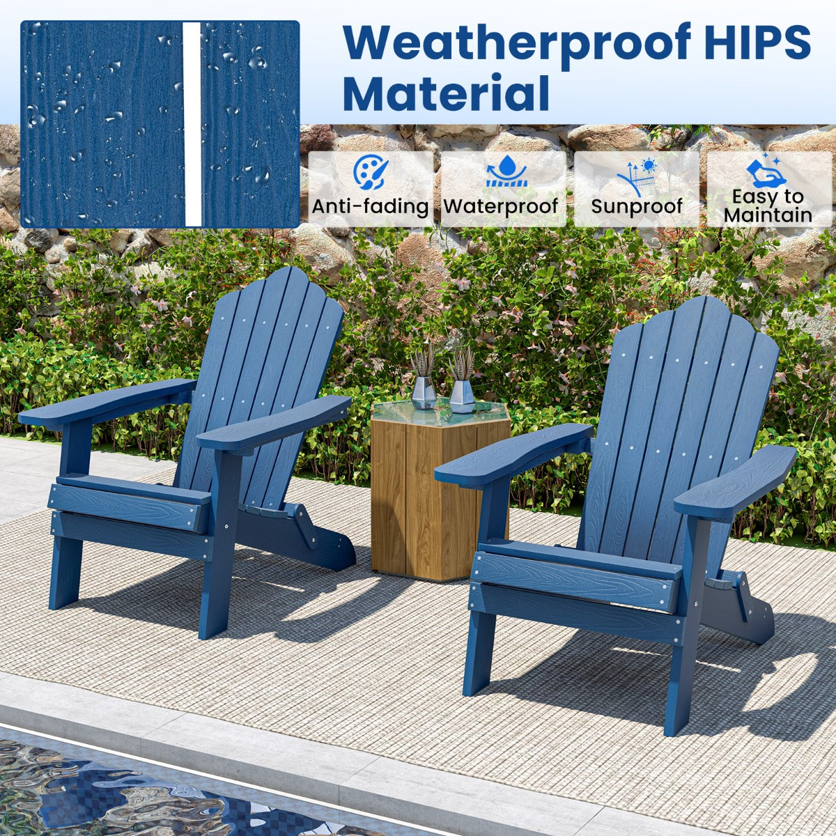 LIVSK Opvouwbare Adirondack-Stoel - Weerbestendig HIPS - Ergonomische Zitting - Snel Opvouwbaar - Marineblauw