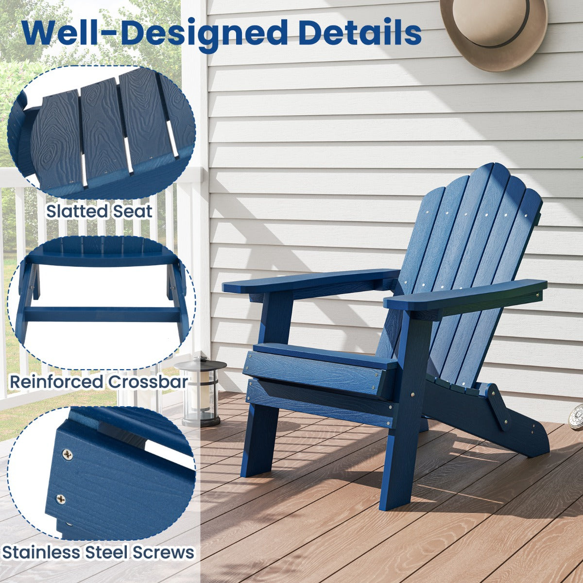 LIVSK Opvouwbare Adirondack-Stoel - Weerbestendig HIPS - Ergonomische Zitting - Snel Opvouwbaar - Marineblauw
