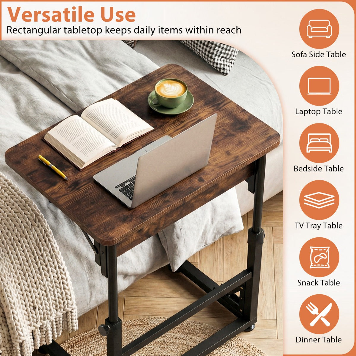 LIVSK Opvouwbare Bijzettafel - Verstelbare Hoogte 51-66 cm - C-vormig Ontwerp - Robuust Metalen Frame - Rustiek Bruin en Zwart