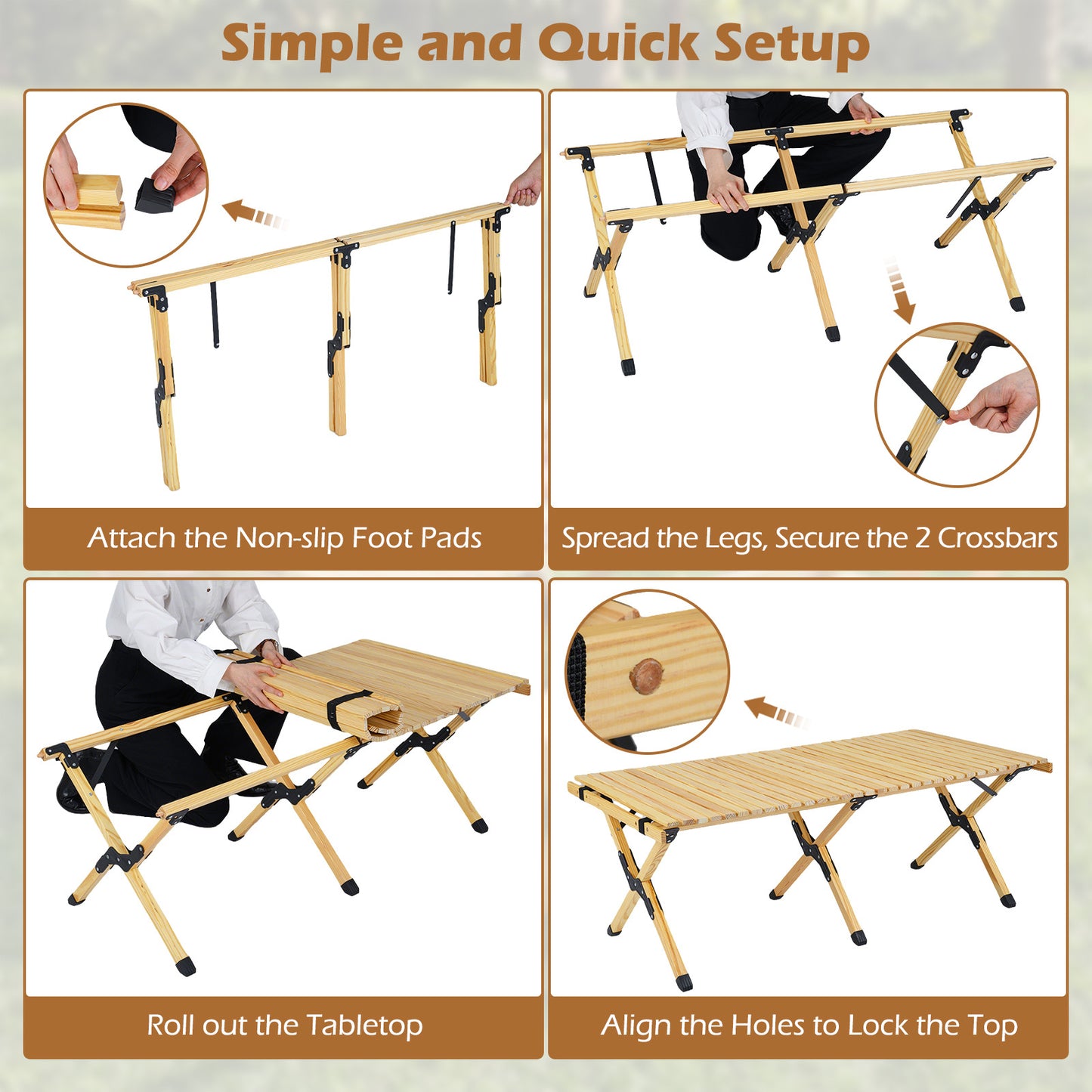 LIVSK Opvouwbare Campingtafel - Voor 4-6 Personen - Duurzaam Dennenhout - Stabiliteit met Antislip Voetjes - Koffie/Natuur