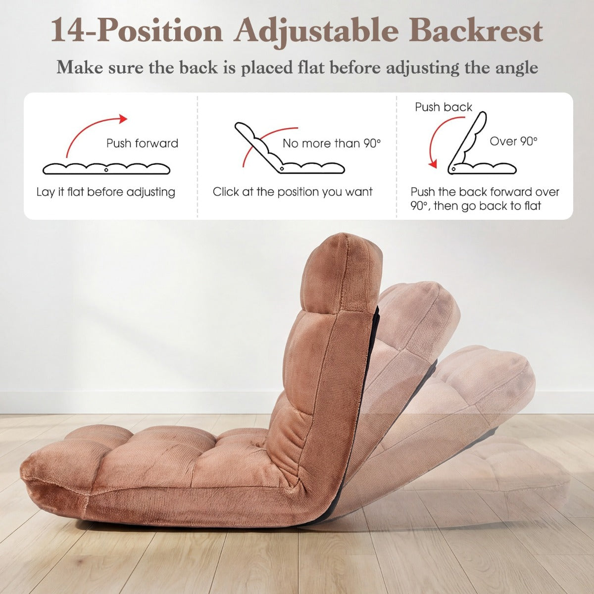 LIVSK Opvouwbare Fauteuil - 14 Verstelbare Standen - Fluwelen Bekleding - Antislip Frame - Ruimtebesparend - Koraalkleurig
