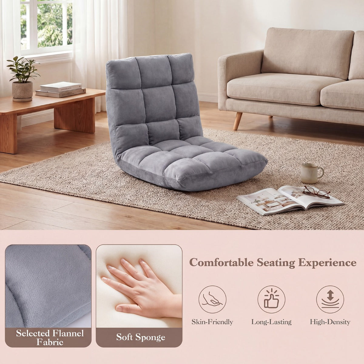 LIVSK Opvouwbare Fauteuil - 14 Verstelbare Standen - Koraalkleurig Fluweel - Antislip Frame - Ruimtebesparend Ontwerp