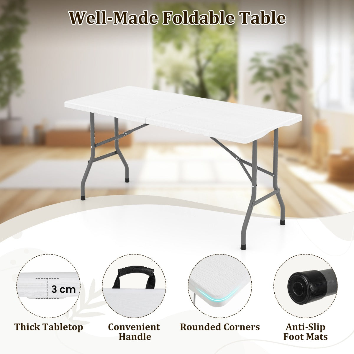 LIVSK Opvouwbare Kampeertafel - HDPE Blad - Robuust Frame - Hoog Draagvermogen 180 kg - Voor 4 tot 6 Personen - Zwart/Wit