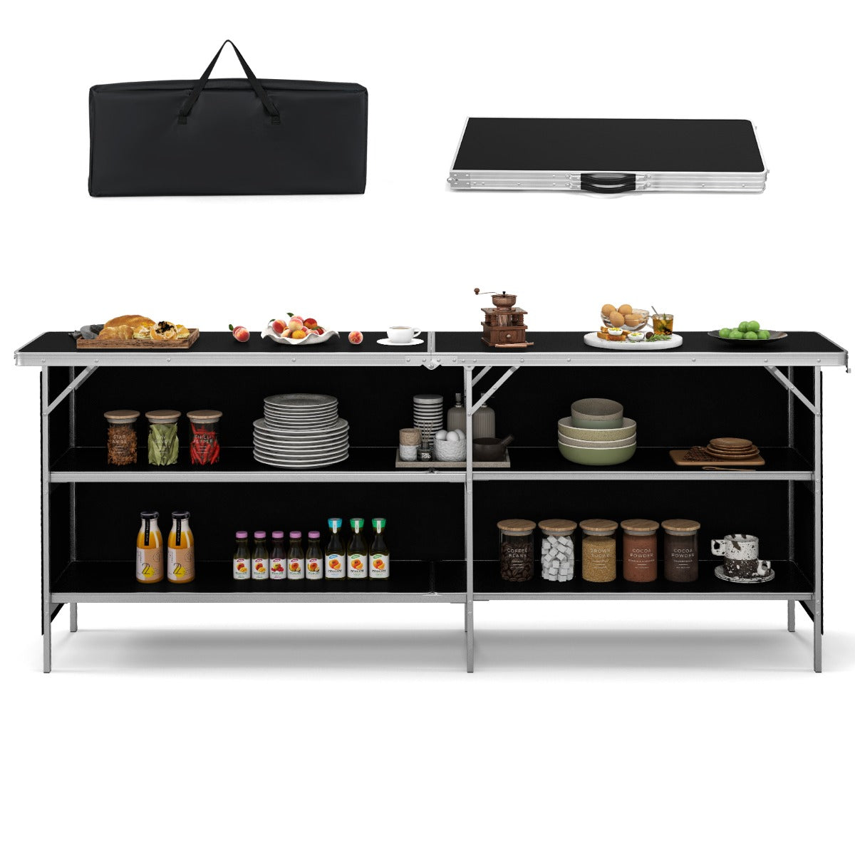 LIVSK Opvouwbare Kampeertafel - Ruim Tafelblad 206 cm - Aluminiumlegering - Waterdicht Oxford - Draagtas - Zwart