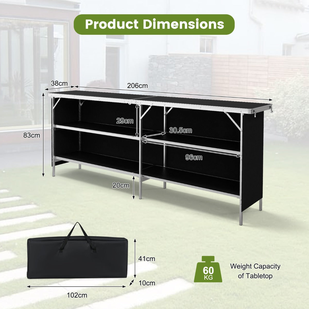 LIVSK Opvouwbare Kampeertafel - Ruim Tafelblad 206 cm - Aluminiumlegering - Waterdicht Oxford - Draagtas - Zwart