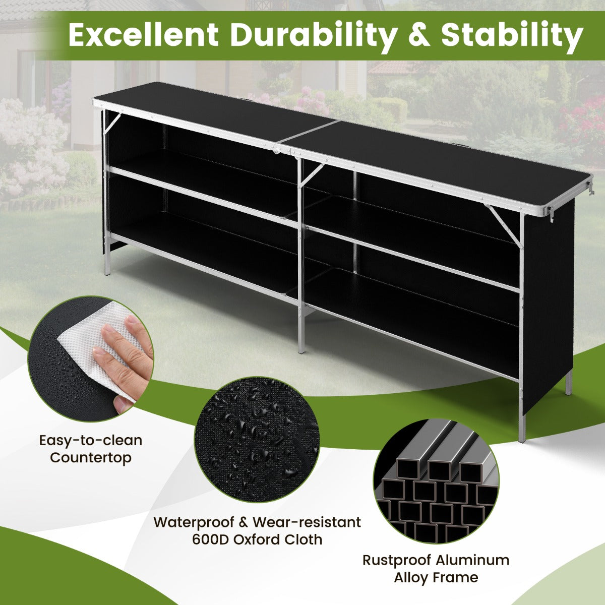 LIVSK Opvouwbare Kampeertafel - Ruim Tafelblad 206 cm - Aluminiumlegering - Waterdicht Oxford - Draagtas - Zwart