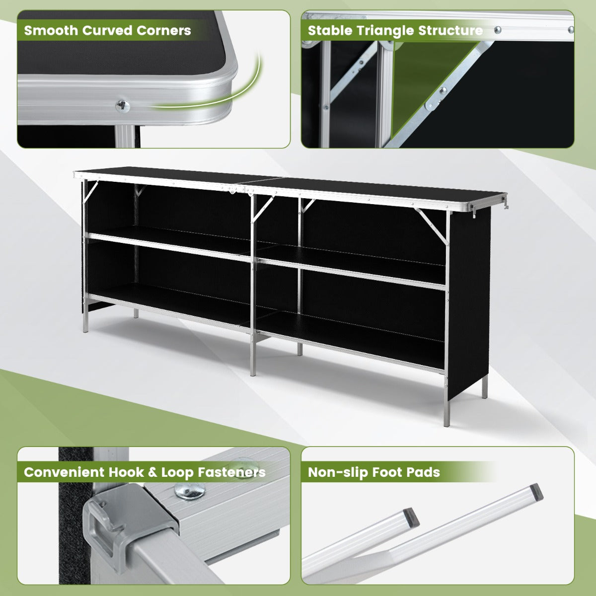 LIVSK Opvouwbare Kampeertafel - Ruim Tafelblad 206 cm - Aluminiumlegering - Waterdicht Oxford - Draagtas - Zwart