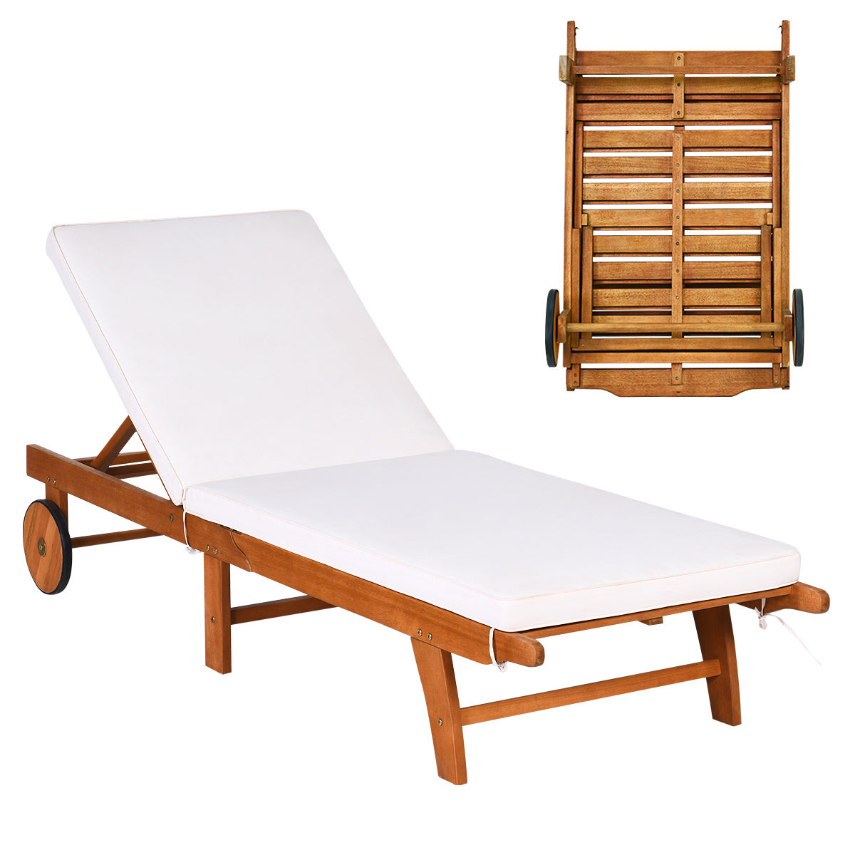 LIVSK Opvouwbare Ligstoel - Eucalyptushout - 6 Verstelbare Posities - Met Wielen - Comfortabel Schuimkussen - Natuurlijke Houtlook