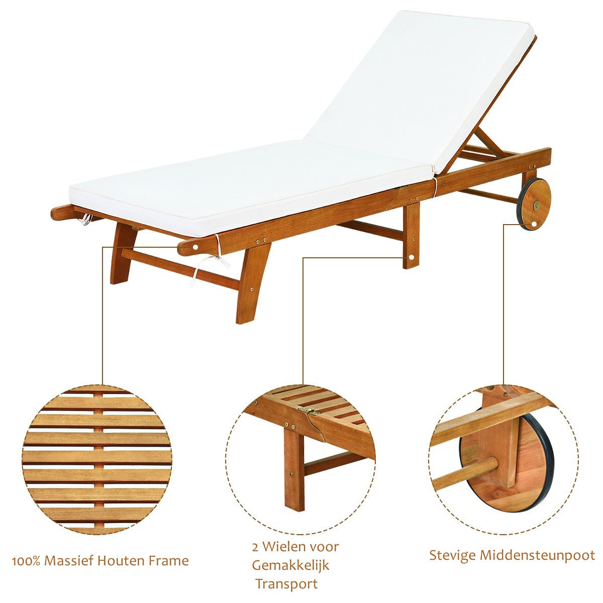 LIVSK Opvouwbare Ligstoel - Eucalyptushout - 6 Verstelbare Posities - Met Wielen - Comfortabel Schuimkussen - Natuurlijke Houtlook